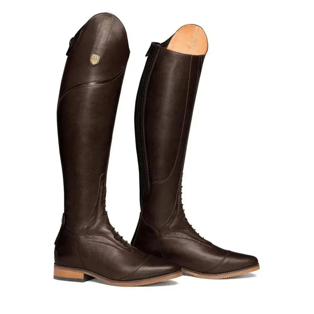 Brown leather mountain horse sovereign high rider tall riding boots with polished finish and subtle stitching details