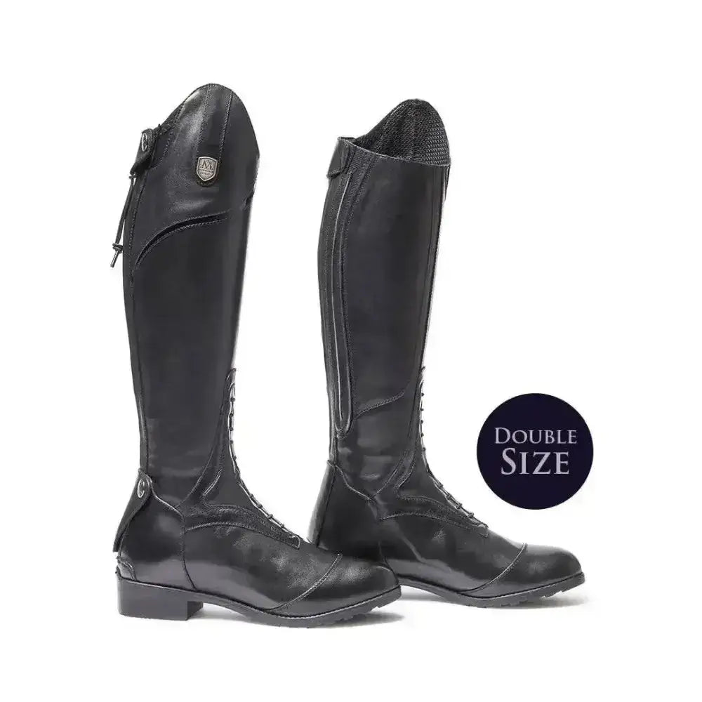 Black leather mountain horse sovereign young rider riding boots with glossy finish and reinforced stitching