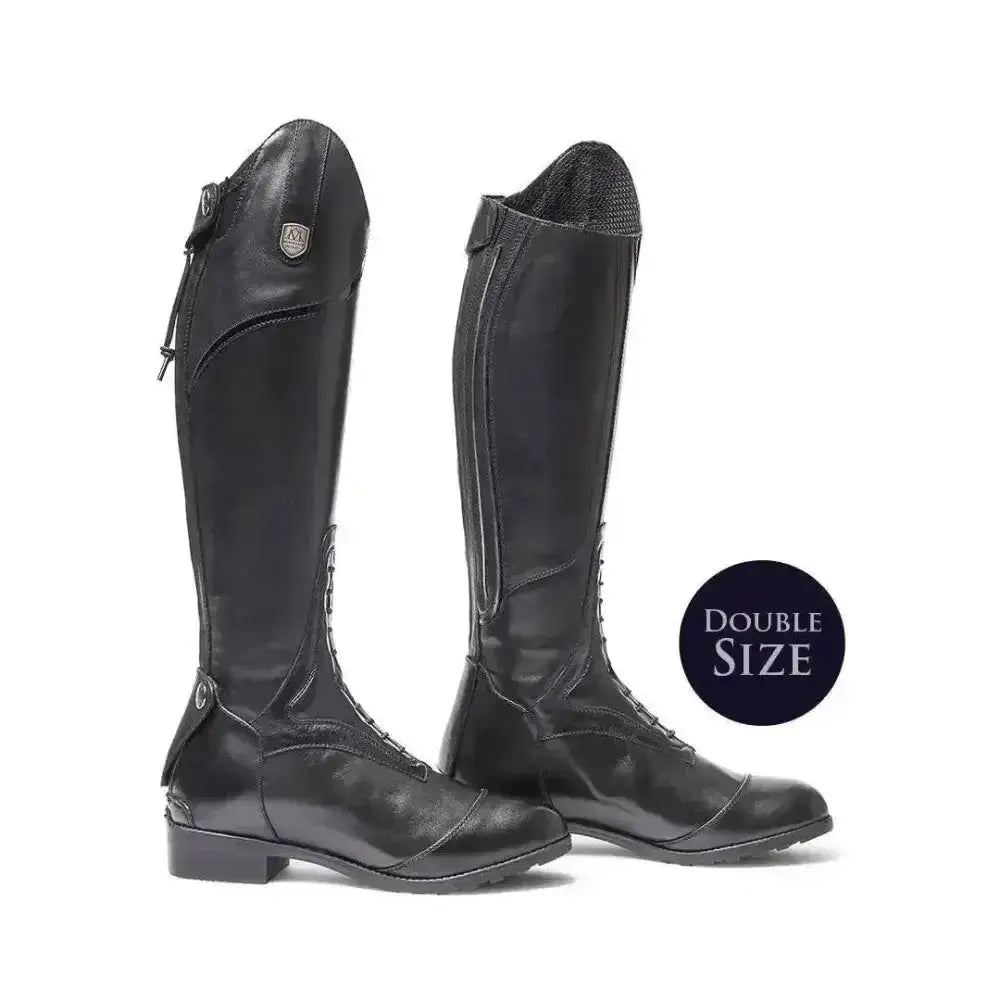 Black leather mountain horse sovereign young rider riding boots with sleek glossy finish and reinforced stitching