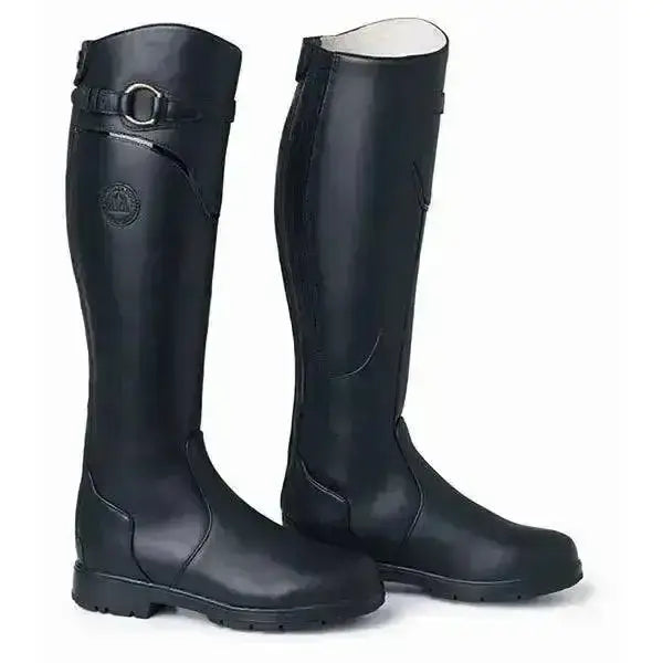 Black leather mountain horse spring river high rider boots with glossy finish and reinforced side stitching
