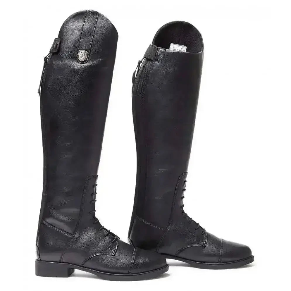 Black leather mountain horse veganza junior tall riding boot with sleek classic design and subtle stitching details
