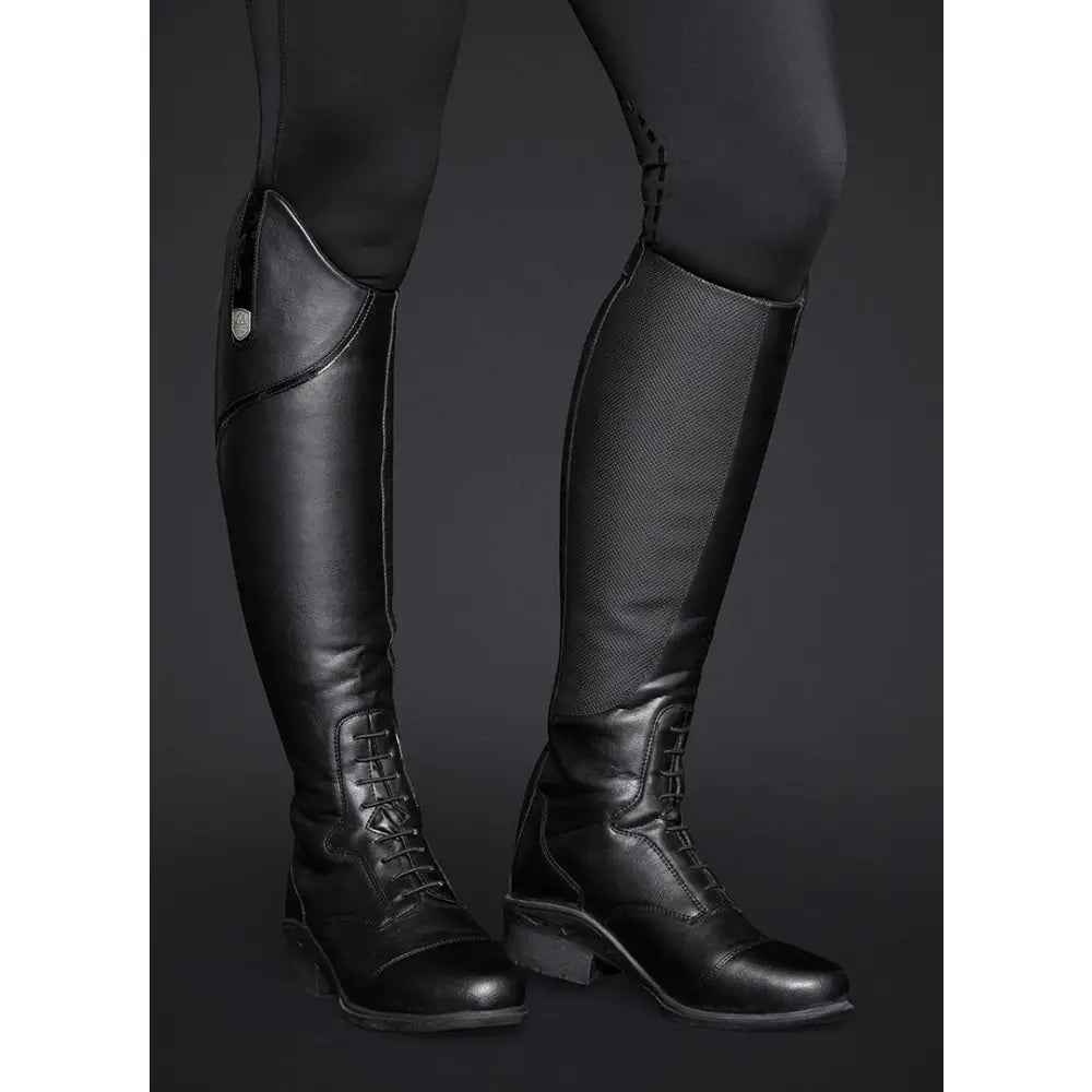 Black leather mountain horse veganza tall riding boot with mesh side panel and laces for riding use