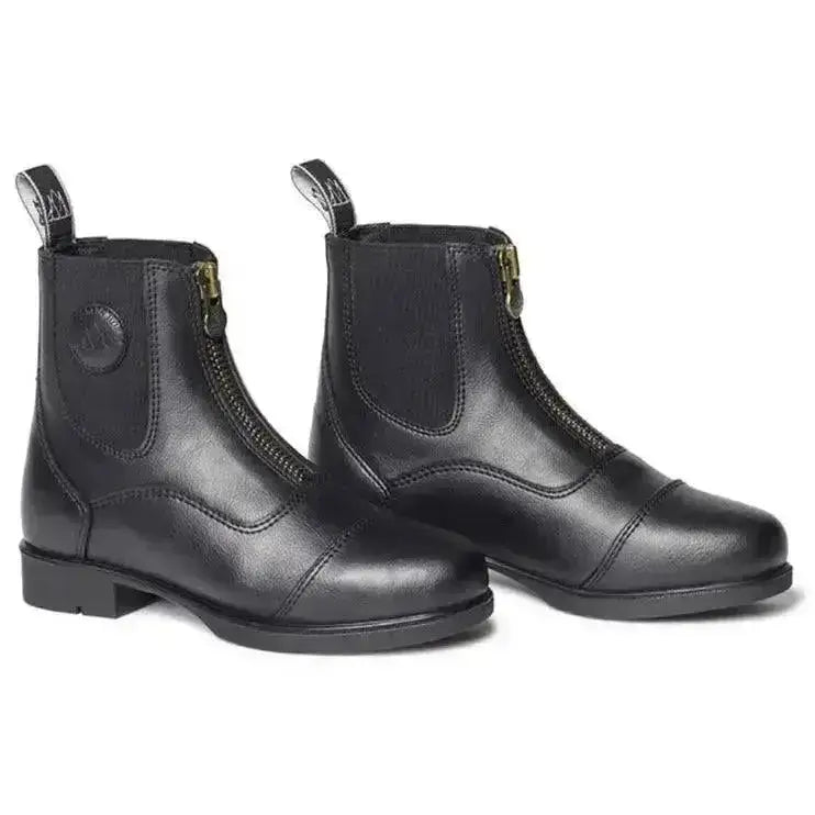 Black leather mountain horse veganza young paddock boots with zipper closure and pull tabs for easy wear