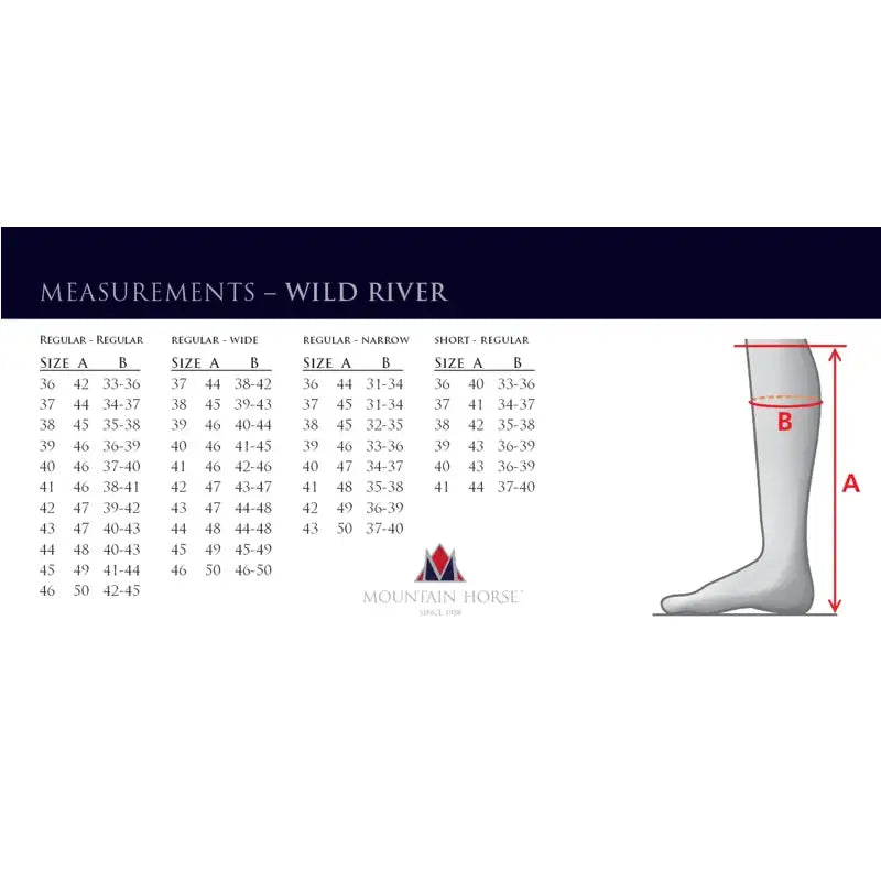 White sock size chart for mountain horse wild river boots made with durable grain leather for outdoor use