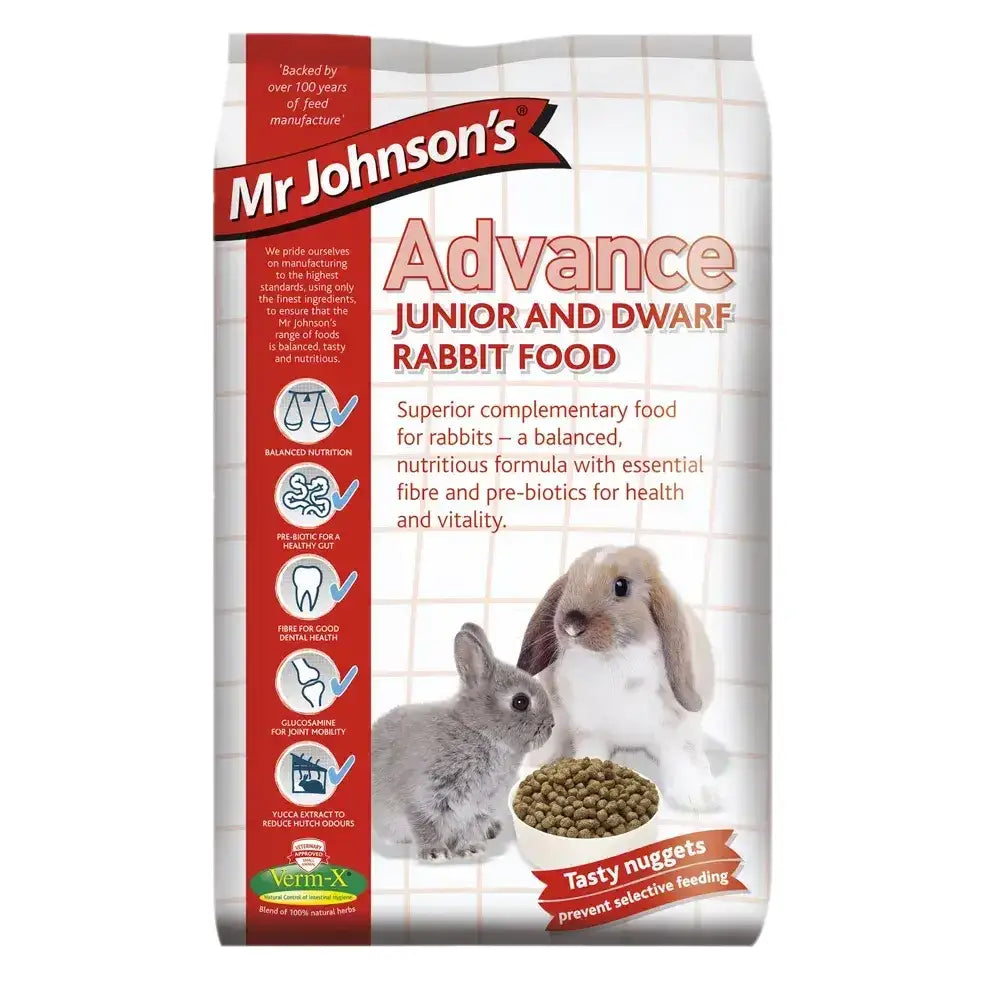 Mr johnsons advance junior and dwarf rabbit food bag with red accents and brown kibble for small pet rabbits