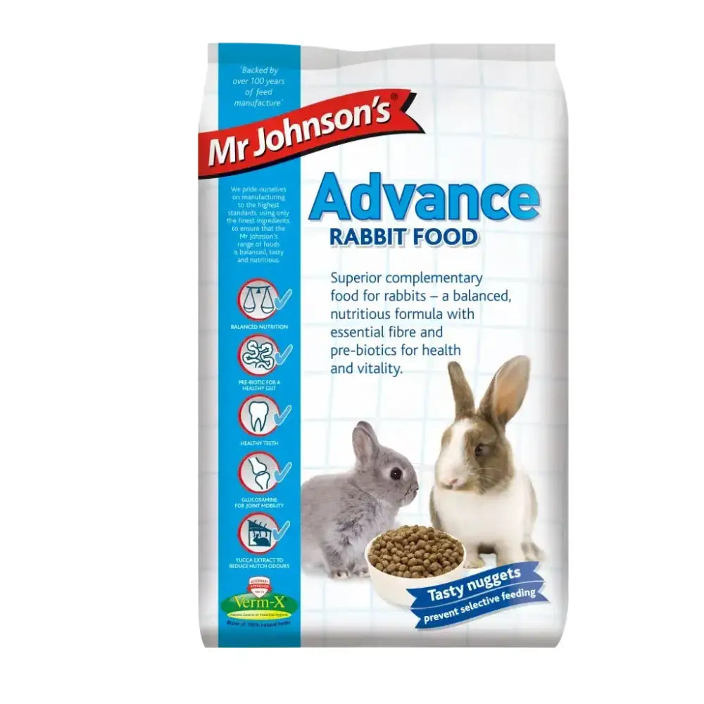 Mr johnsons advance rabbit 3 kg white and blue package with brown and grey rabbits helps prevent selective feeding and supports digestive function