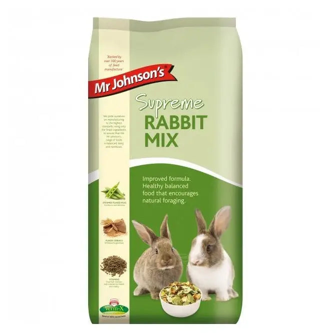 Mr johnsons supreme rabbit mix 15 kg bag showing product details for premium rabbit mix feed