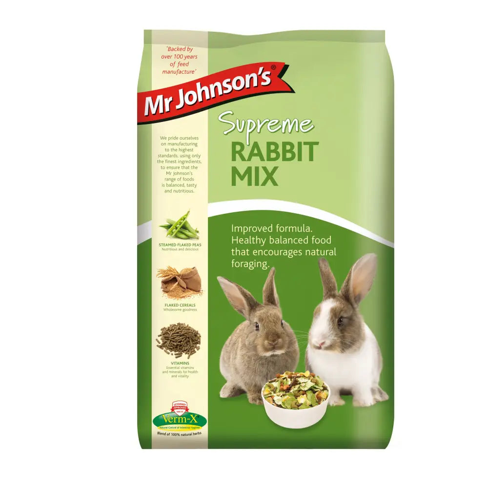 Mr Johnsons supreme rabbit mix 2.25kg green and white bag with two rabbits and food mix in a bowl
