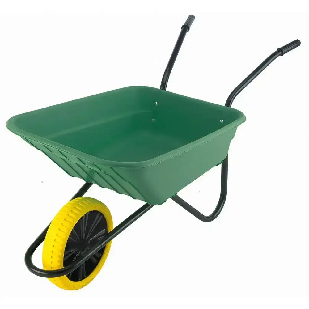 Green plastic multi-purpose wheelbarrow with black metal frame and bright yellow puncture proof wheel conveniently flat-packed