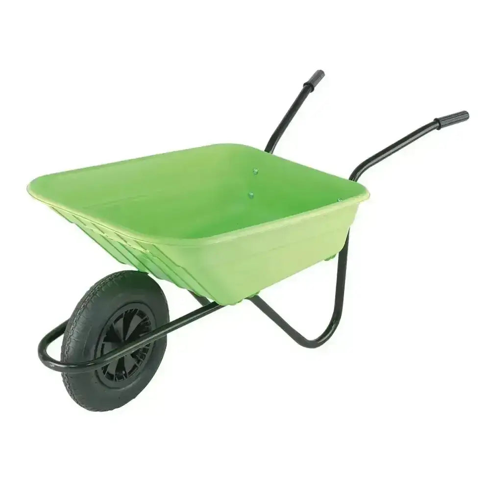 Green plastic multi-purpose wheelbarrow with black metal frame and single rubber-tired wheel assembly required