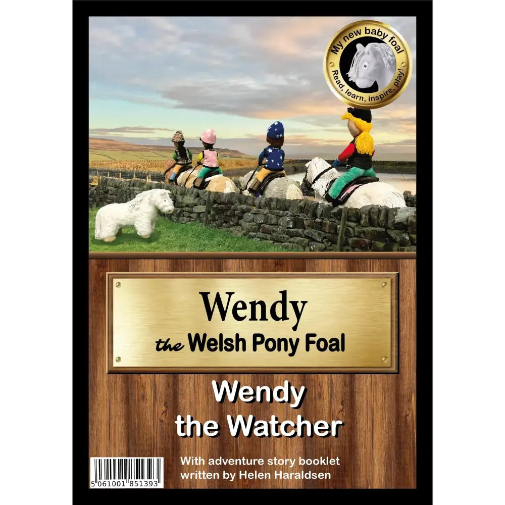 The crafty ponies baby foal collection features a golden plaque for wendy the welsh pony foal on wood background