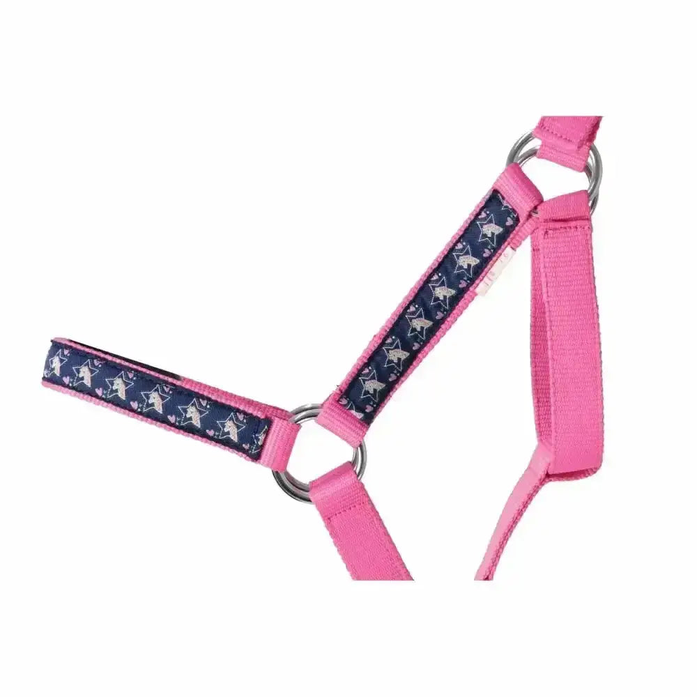 Pink head collar from my pony collection head collar with navy star and unicorn patterned straps for little riders