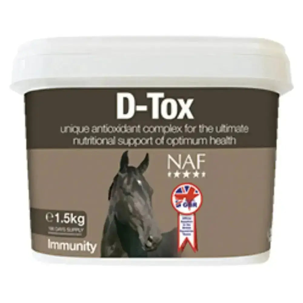 Brown and white plastic tub of naf d-tox horse supplement featuring black horse image with naturally sourced anti-oxidants