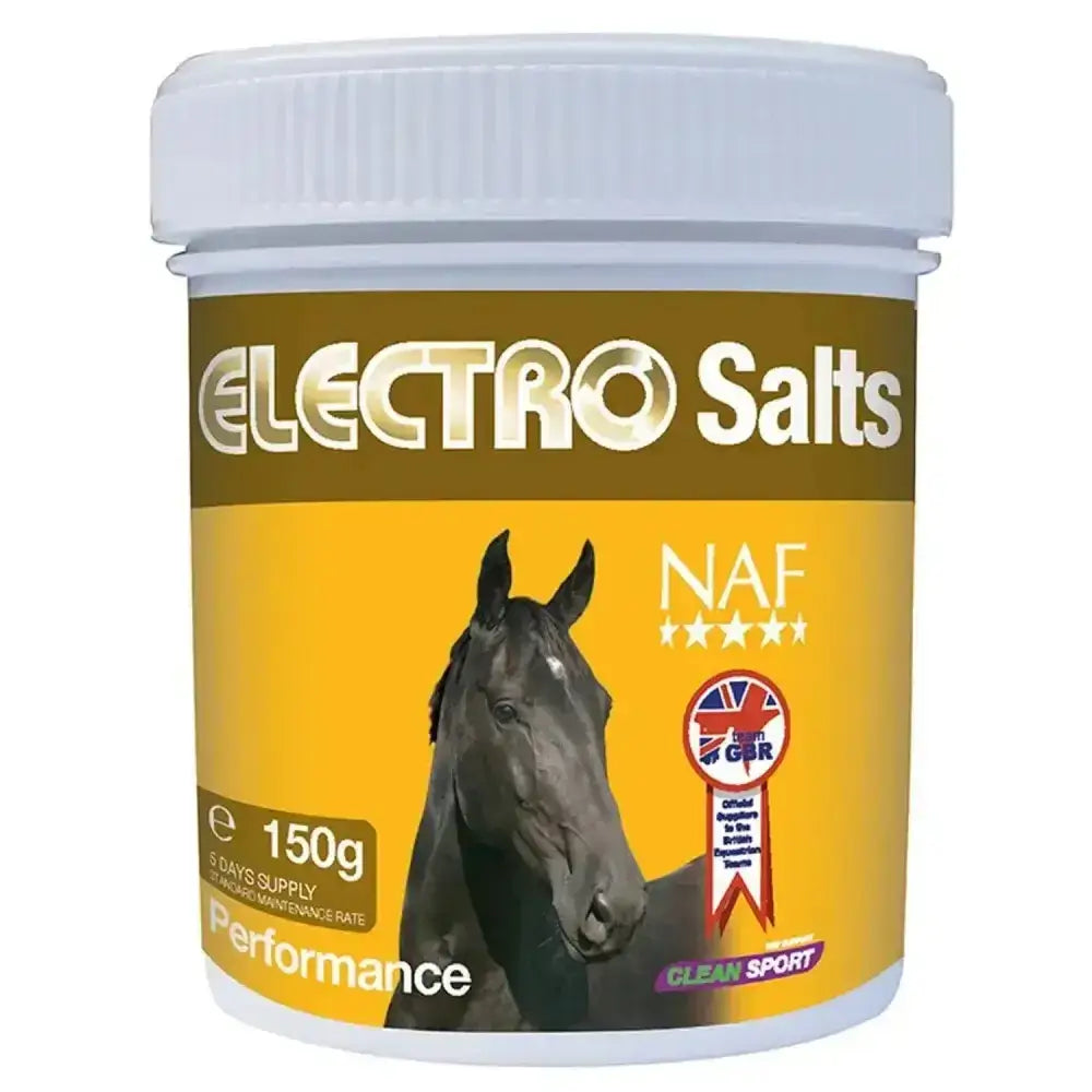 A white plastic container of naf electro salts traveller 150g with yellow label and black horse image featuring four essential salts
