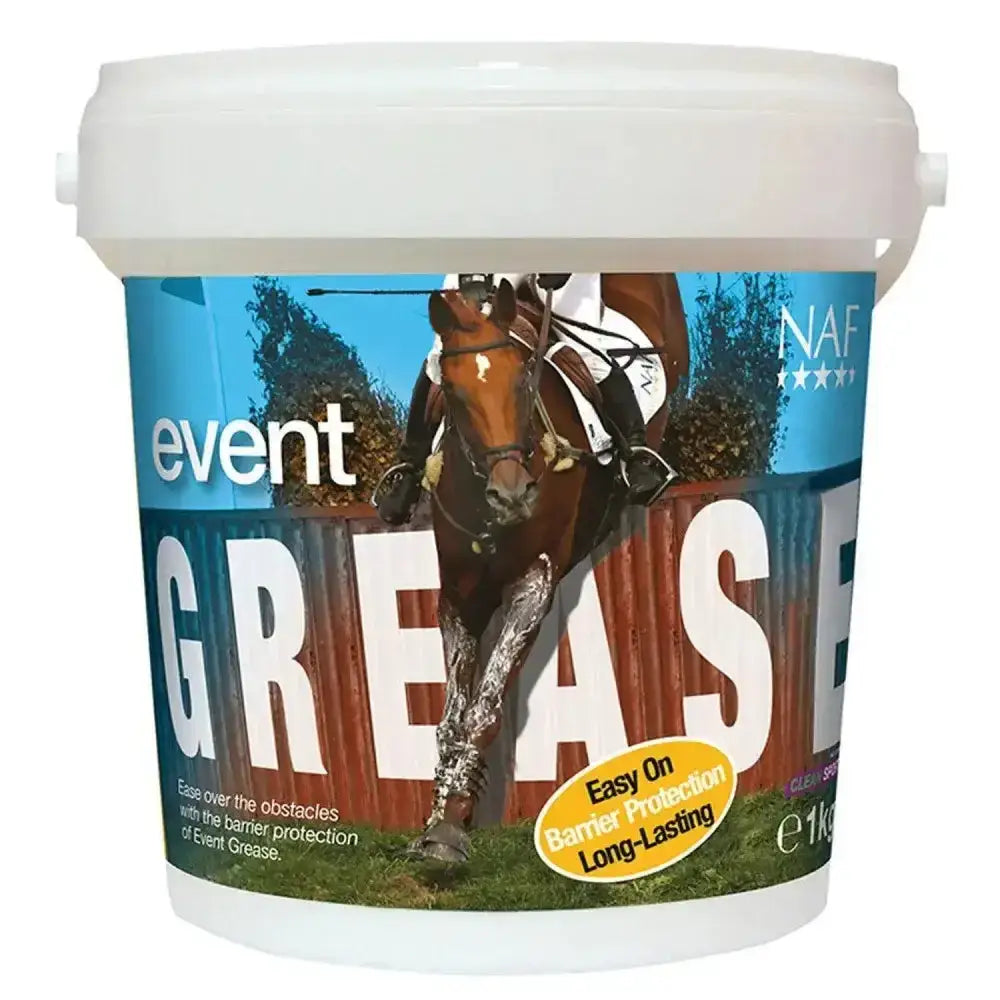 White plastic bucket of naf event grease with colorful horse and rider label for lasting barrier protection and event grease ease