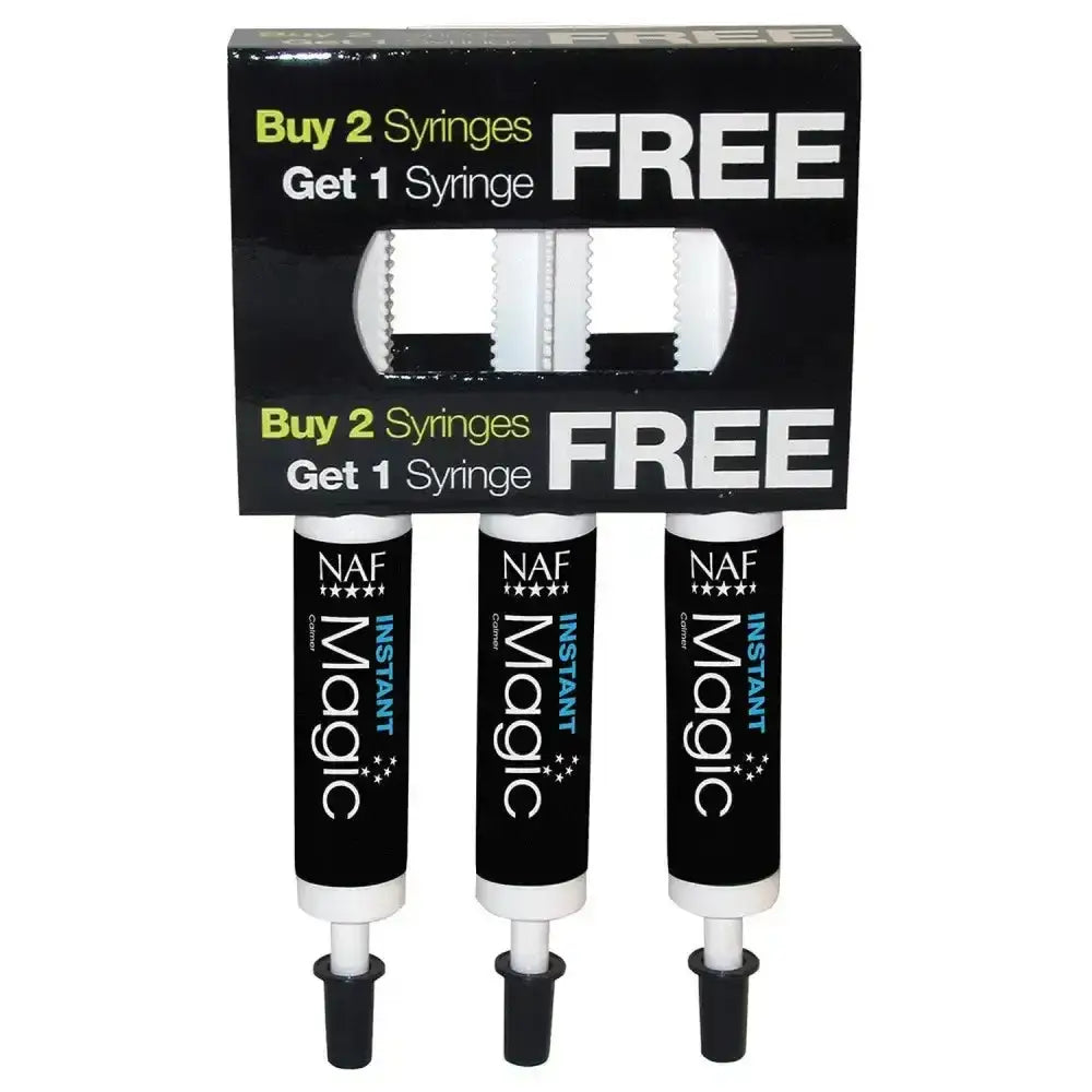 Three black naf five star instant magic syringes with white caps in a promo box offering free syringes bio-available magnesium combined