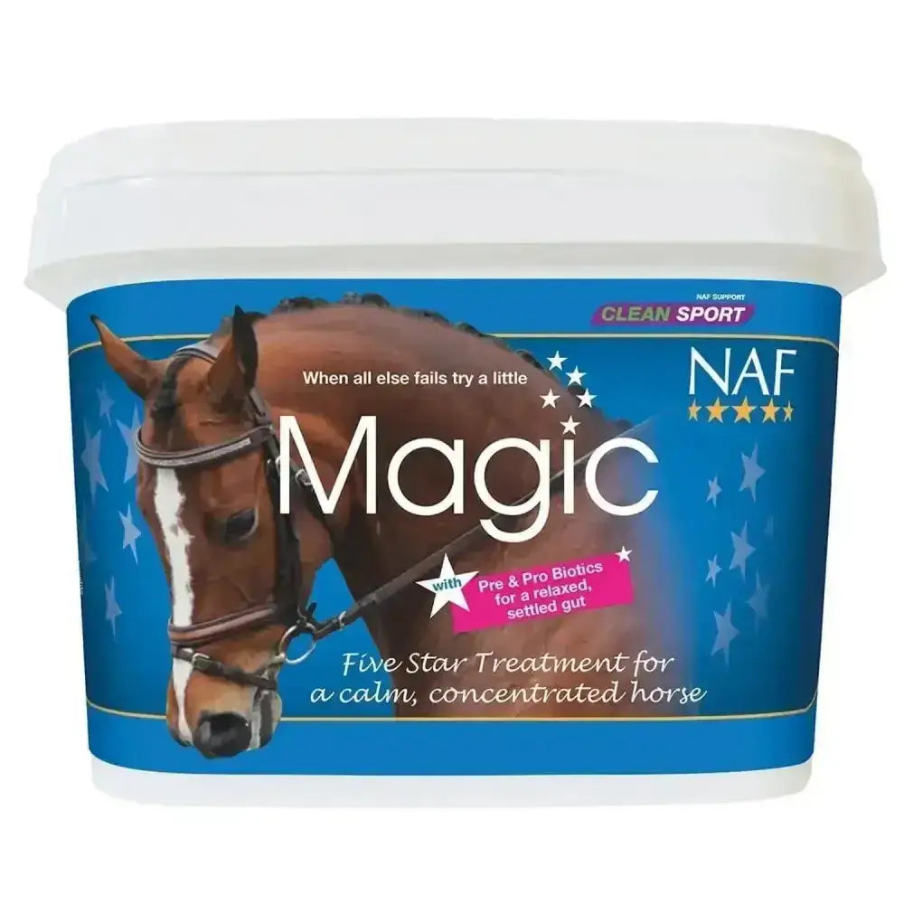 Blue and white container of naf five star magic powder calmer for calm horses five star magic treatment