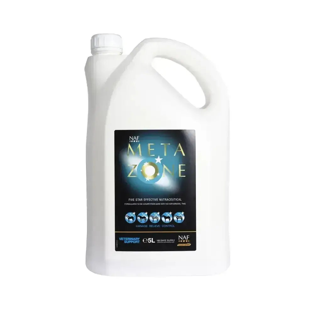 White plastic jug with handle and cap labeled naf meta zone in gold for naf five star metazone liquid product