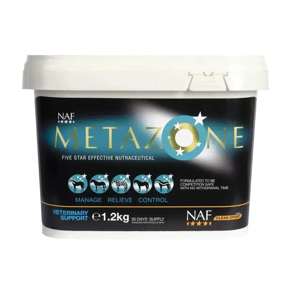 Naff five star metazone powder 1.2kg container with black and gold label horse icons and clean sport certification