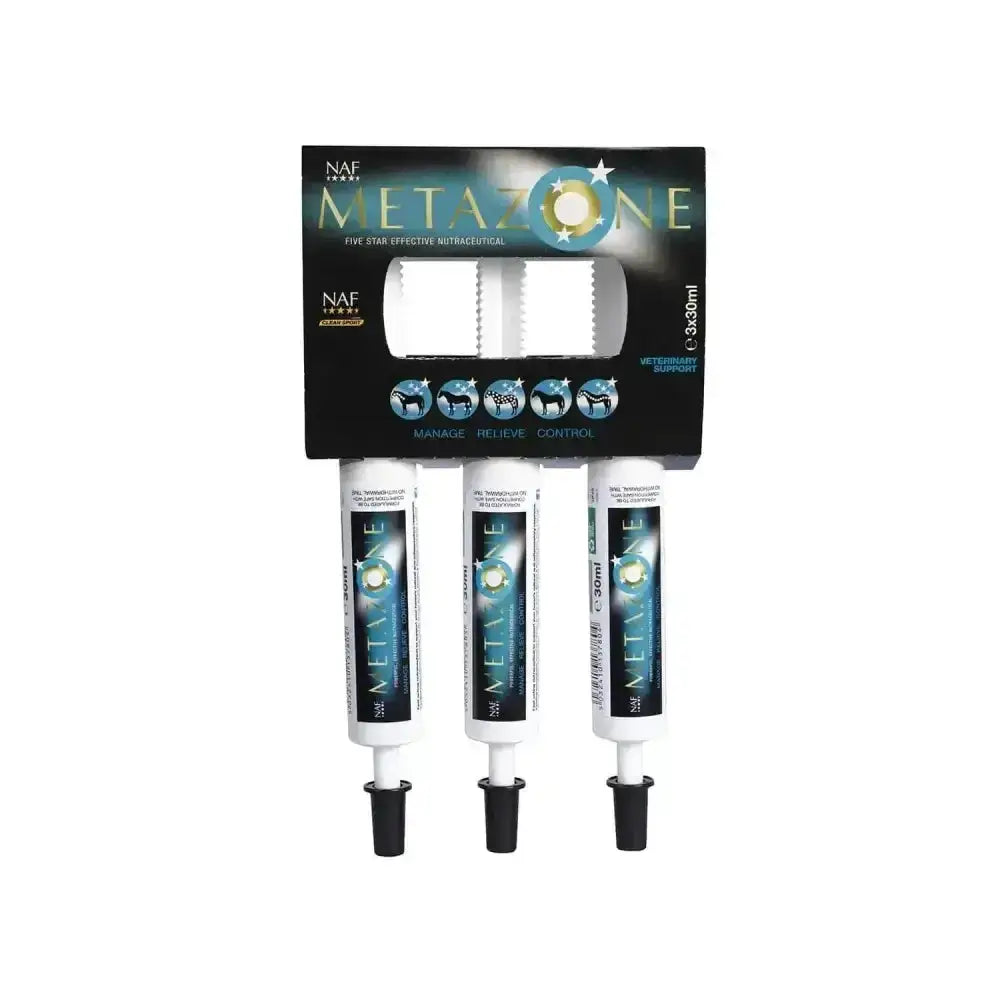 Three white naf five star metazone syringe tubes in black packaging display for vet supplement use