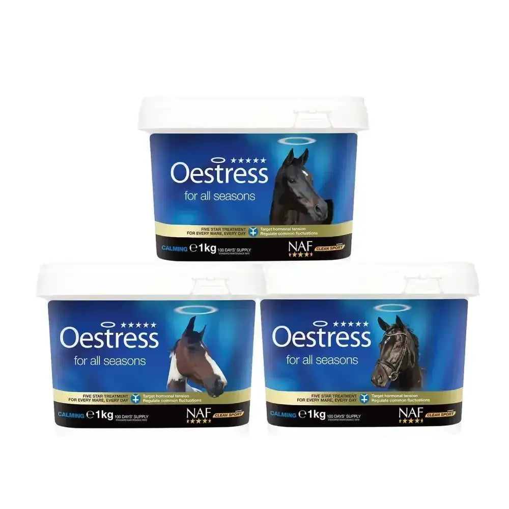 Blue and white plastic tubs of naf five star oestress star oestress powder for horse calming all seasons use