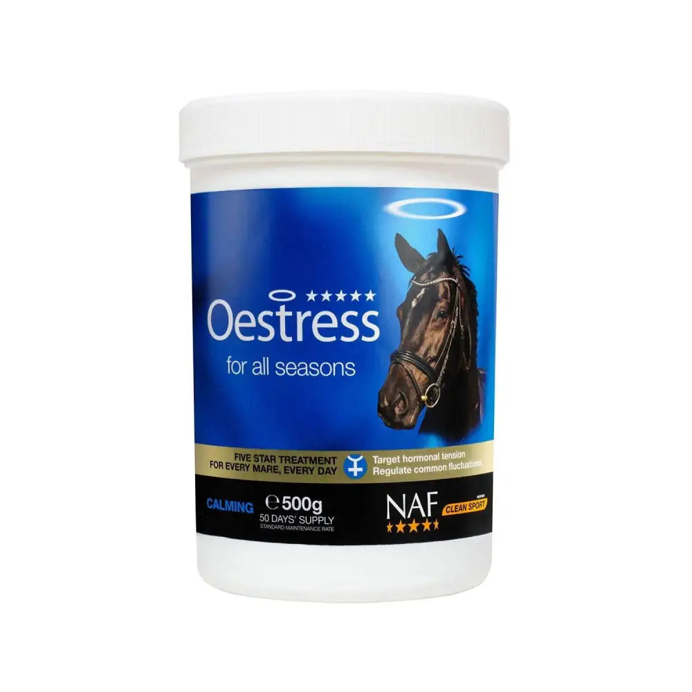 White plastic container with blue label showing a black horse and naf five star oestress star oestress powder brand name