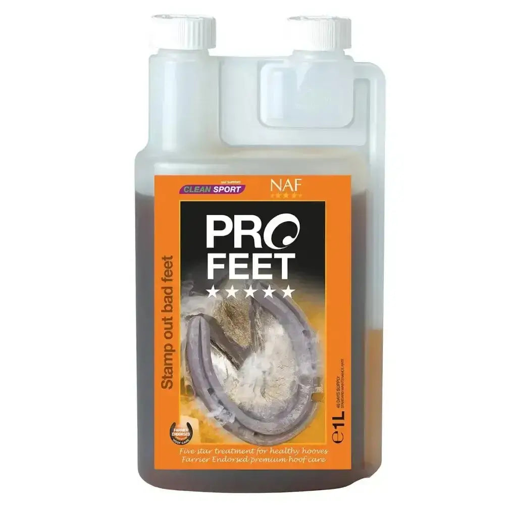 A 1 liter transparent plastic bottle of naf five star profeet liquid hoof treatment with an orange and black label