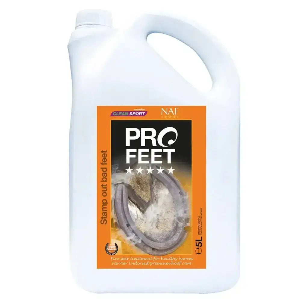 White plastic jug with orange and black naf five star profeet label for horse hoof care unique liquid formula