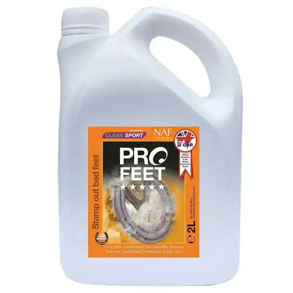 White plastic jug of naf five star profeet liquid with orange black label featuring unique liquid formula for horse hoof care