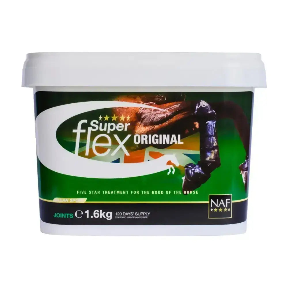 White plastic tub of naf five star superflex original joint supplement paste for horses with green and black label showing horse joints