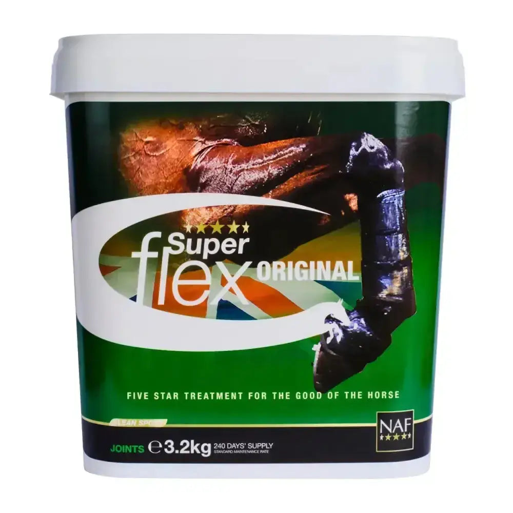 Green and white plastic tub of naf five star superflex original joint treatment for horses with scientifically balanced ratio and 3.2kg supply