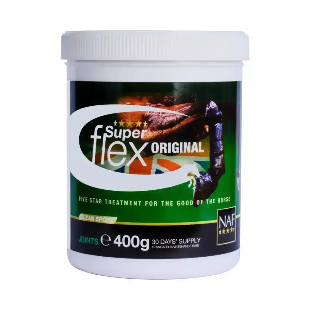 White plastic container of naf five star superflex powder for horses with green and black label and scientifically balanced ratio