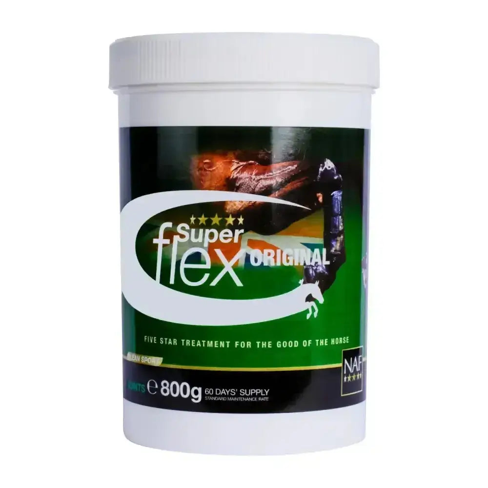 White plastic container of naf five star superflex powder for horses with a scientifically balanced ratio label
