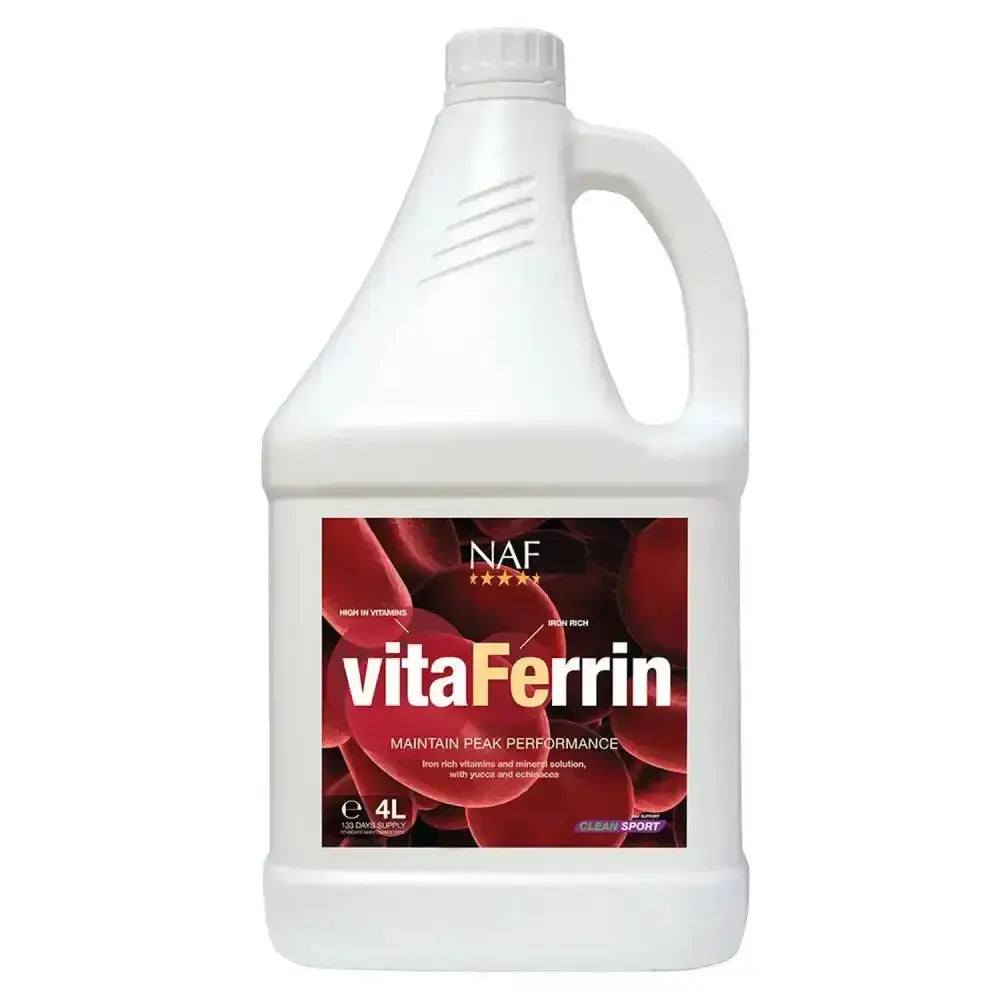 White plastic jug with handle and screw-on cap featuring a red naf five star vitaferrin label to optimise horses performance