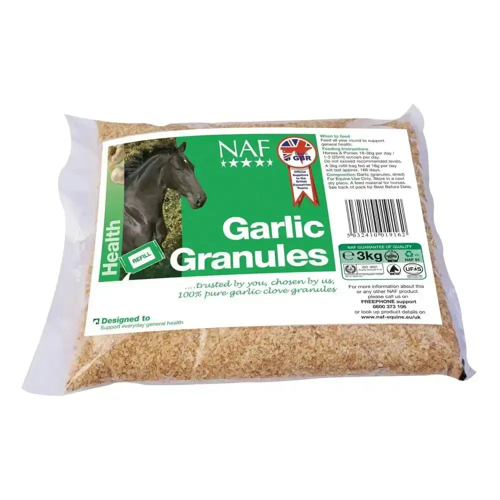 A 3kg clear pouch of naf garlic granules with green and white label featuring a horse, an excellent natural expectorant to support lung function