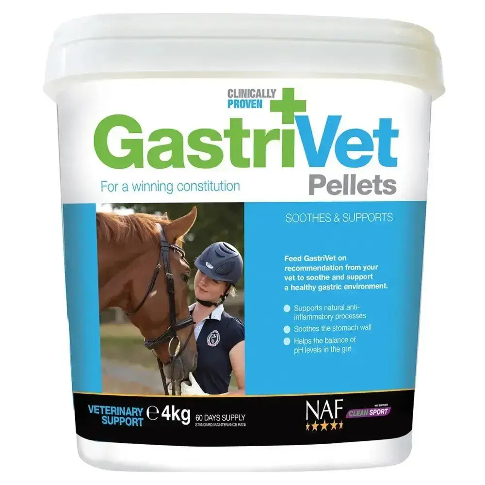 White plastic bucket of naf gastrivet pellets veterinary supplement for horses with blue and green branding