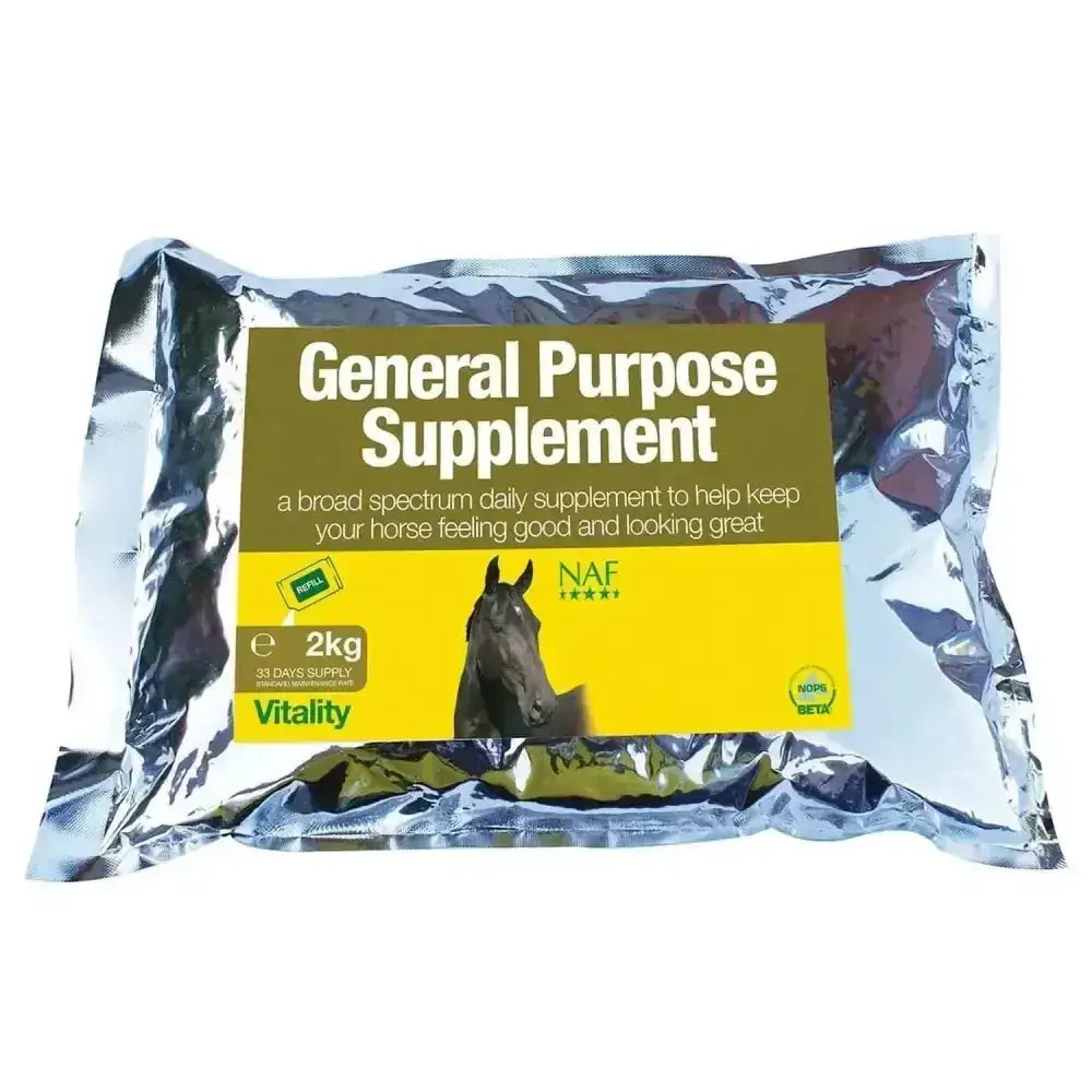 Silver foil packet of naf general purpose supplement powder with yellow green label and horse image for broad spectrum vitamin use