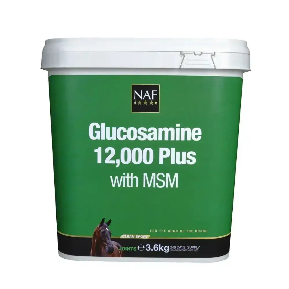 Green plastic bucket with white lid labeled naf glucosamine 12,000 plus with msm for everyday maintenance and glucosamine sulphate