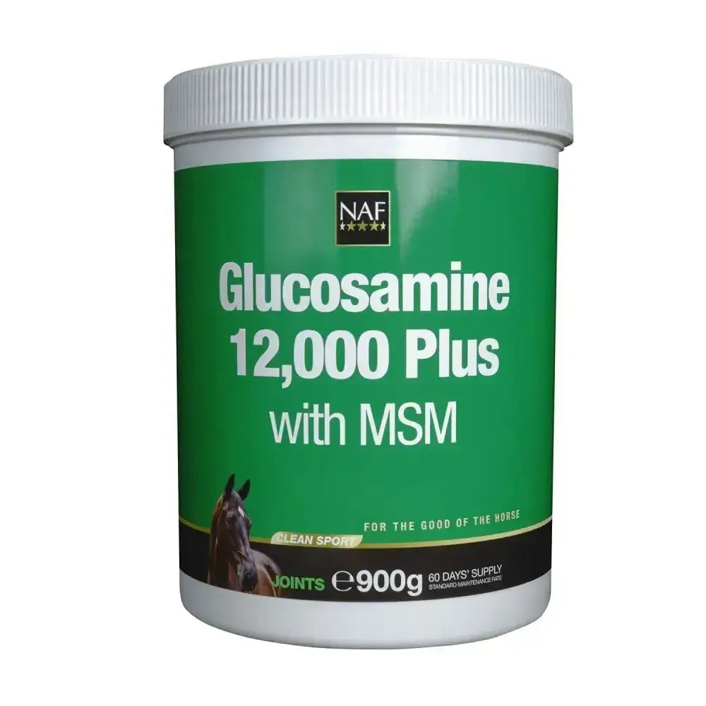 Green and white container of naf glucosamine 12,000 plus with msm for horse joint health and everyday maintenance