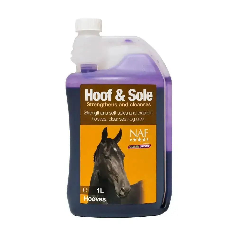 A 1-liter bottle of naf hoof hoof care treatment with purple liquid and orange label featuring a black horse illustration
