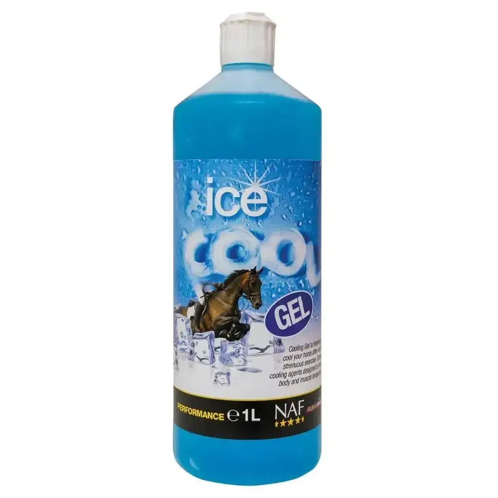 A translucent blue 1-liter naf ice cool gel bottle with white cap and icy horse label for tired legs relief