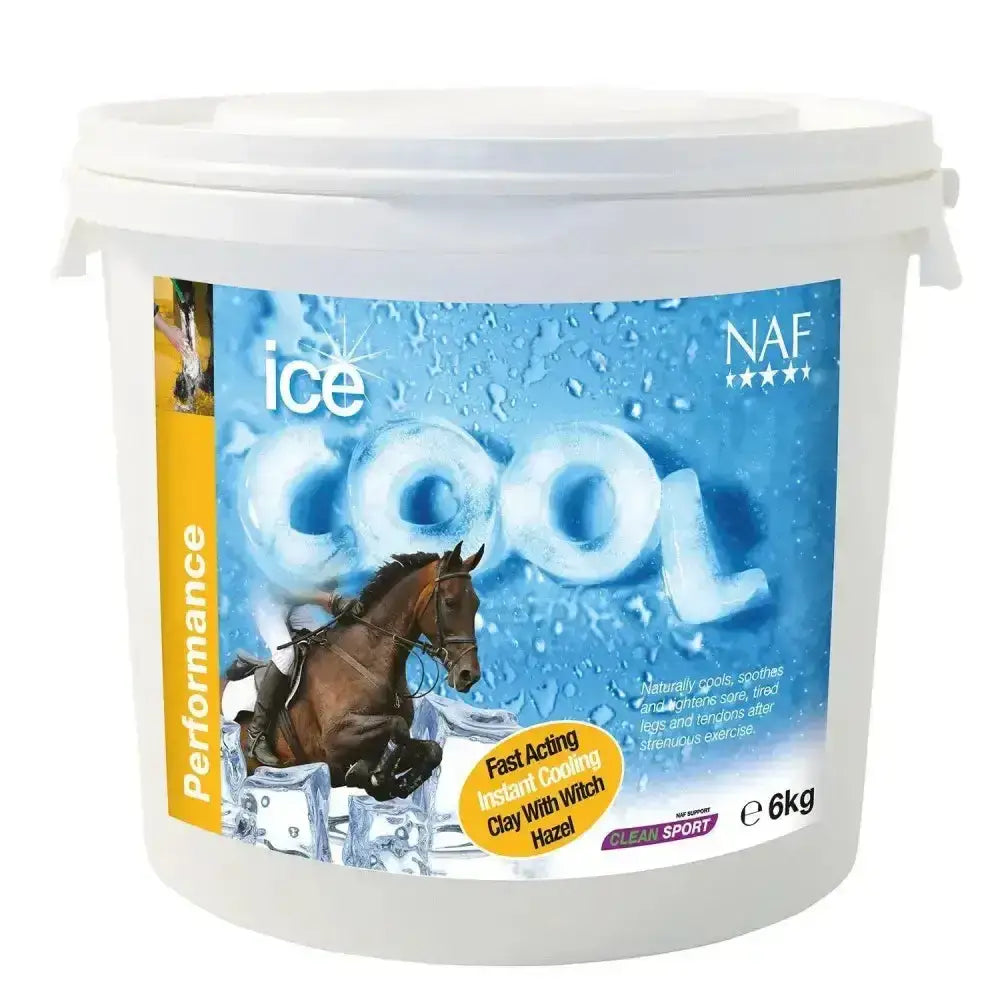 White plastic bucket of naf ice cool hour cooling clay with blue yellow label featuring horse in ice and witch hazel