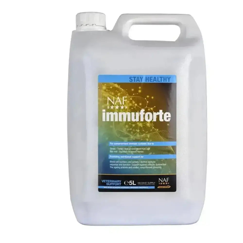 White plastic jug with handle and cap labeled naf immuforte liquid for veterinary immune support and immunity herbs working