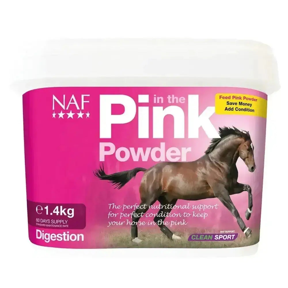 Naf in the pink powder container with white lid featuring a brown horse label to optimise gut function with probiotic yeast