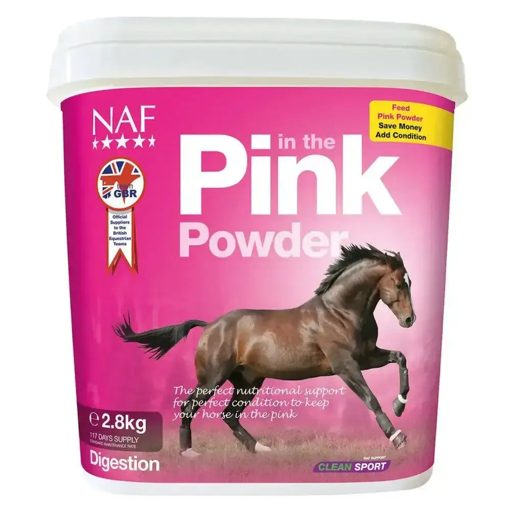 Pink cylindrical container of naf in the pink powder with probiotic yeast to optimise gut function for horses