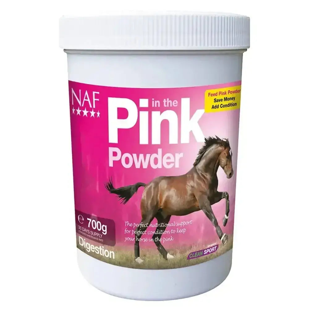 A vibrant pink container of naf in the pink powder with live probiotic yeast to optimise gut function in horses 700g