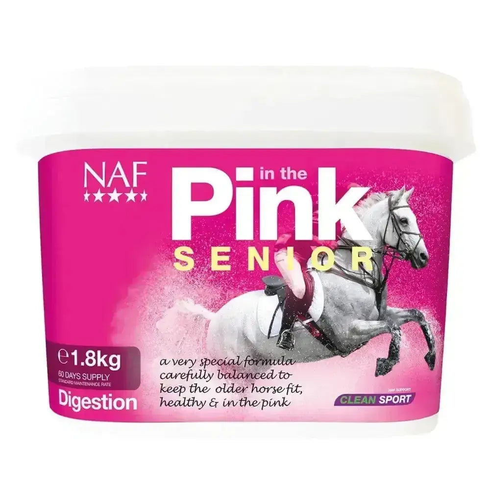 Pink naf in the pink senior horse feed container with live probiotic yeast to optimise gut function for veteran horses