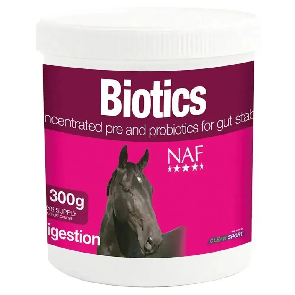 A vibrant pink and white container of naf instant biotics horse vitamins for natural microbial repopulation and gut balancers