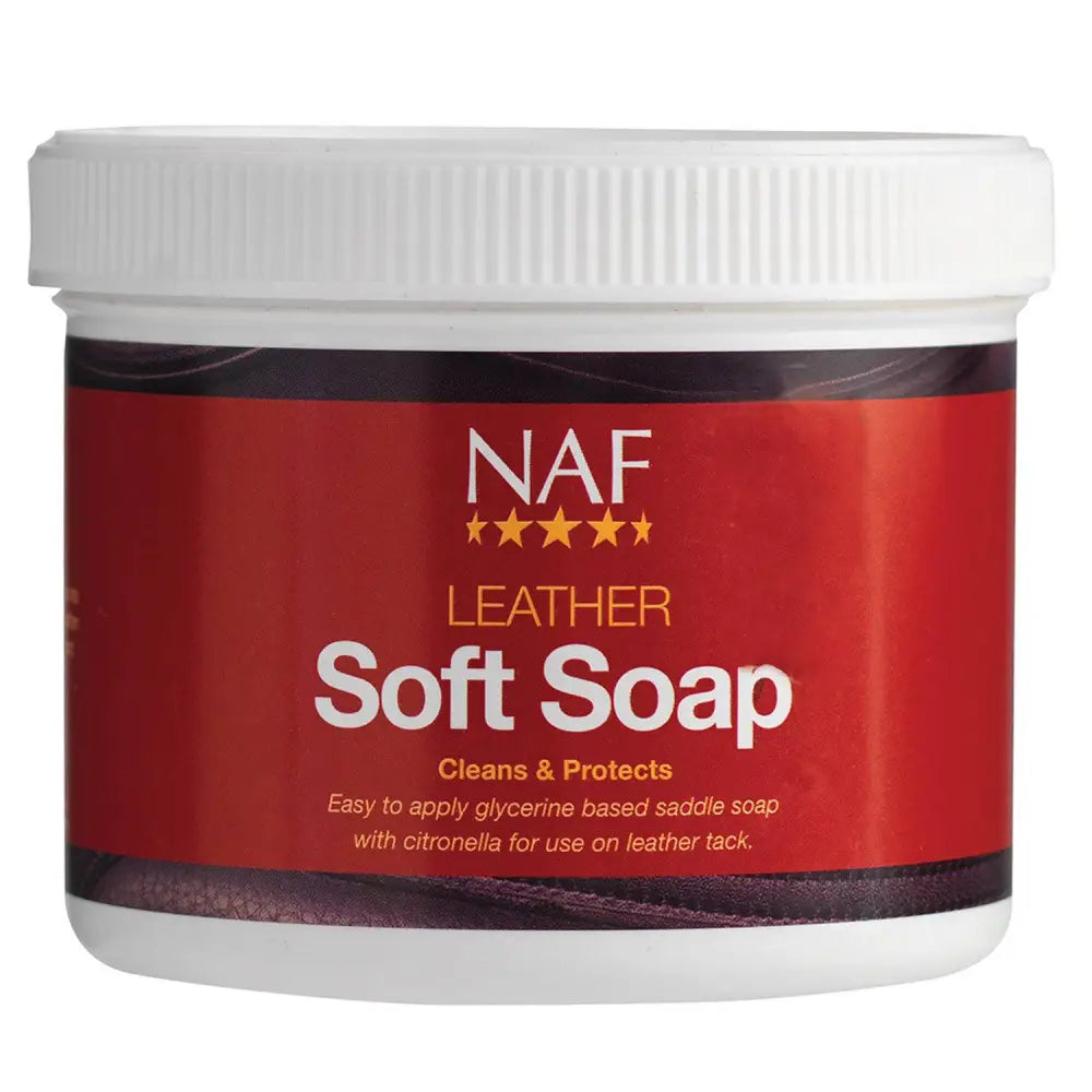 Naf leather soft glycerine-based saddle soap in a white jar with red label for cleaning horse tack accessories