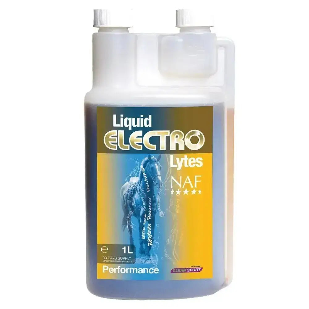 A 1-liter transparent plastic bottle of naf liquid electro with a blue and yellow label featuring a horse for horses body salts